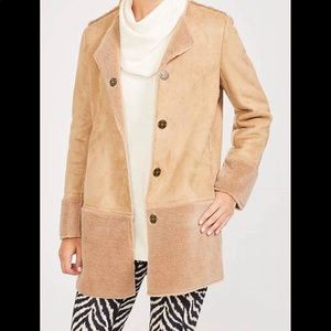 Size M New with tags tan suede jacket with shearling trim. J McLoughlin